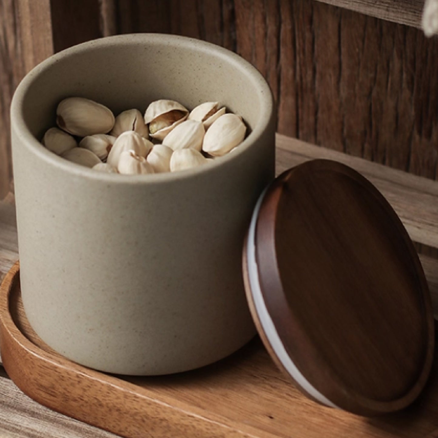 密封竹木蓋自然風陶瓷收納罐(有蓋) | 直徑9 cm 陶瓷 密封收納罐